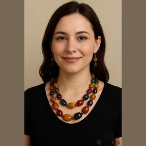 Vintage 1950s Double Strand Necklace and Earrings Gold Tone Pierced Earrings